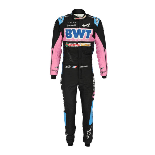 Front View of Esteban Ocon 2022 F1 racing suit, showcasing sleek design and sponsor logos.