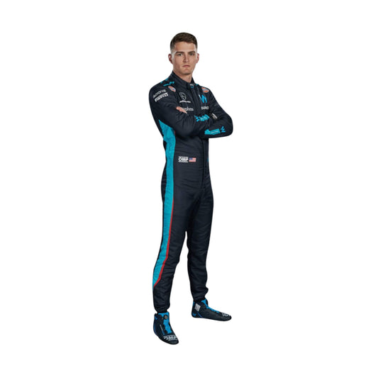 Front view of Logan Sargeant’s 2023 F1 racing suit in deep blue with white side panels and black detailing, designed for aerodynamic comfort and style.