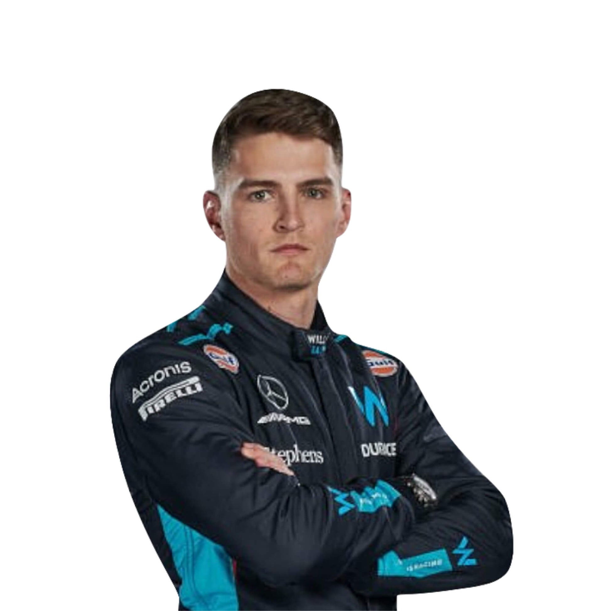 Close-up of Logan Sargeant’s 2023 race suit showing textured blue fabric, white seams, and detailed black stitching around ventilation zones.