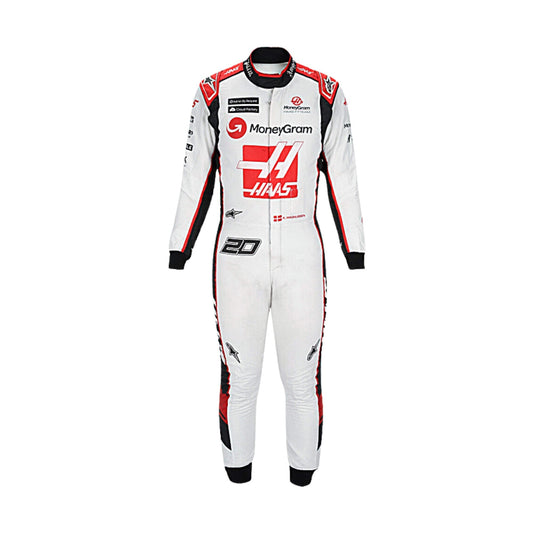Kevin Magnussen 2023 F1 racing suit, front view showing sleek black, white, and red design with breathable fabric and modern fit.
