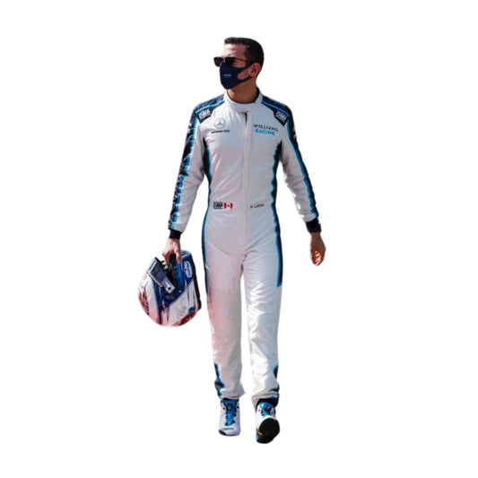 2021 Nicholas Latifi F1 Racing Suit Front View, Navy and White Design, Race-Ready Stitching