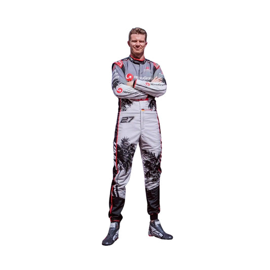 Nico Hülkenberg's 2023 Miami GP F1 racing suit front view featuring a white base with pastel palm tree patterns and sponsor logos, showcasing a unique and tropical design.