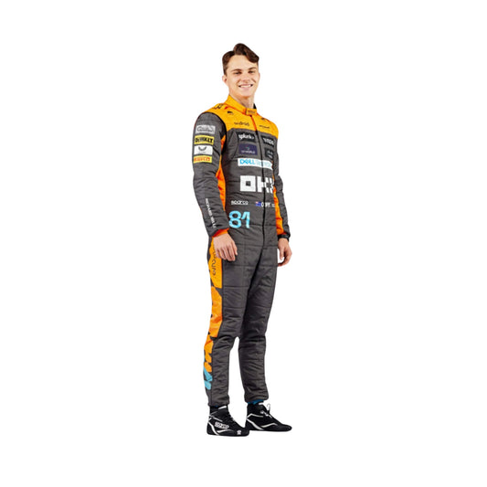 Left Side profile of Piastri’s 2023 F1 suit showing ergonomic fit, aerodynamic paneling, and detailed branding elements.