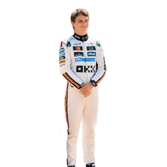 Front view of the 2025 Monaco GP white race suit worn by Oscar Piastri featuring classic black number in circle on a retro-inspired all-white base.