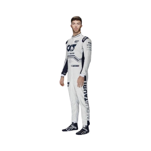 Pierre Gasly 2022 Formula One racing suit front view showcasing the bold design and sponsorship details.