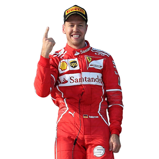 Close-up of the chest area on Sebastian Vettel’s 2017 F1 racing suit, showing sponsor embroidery and premium fabric for breathable comfort.
