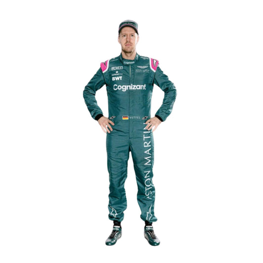 2021 Sebastian Vettel F1 Racing Suit Front View, Green Design, Embroidered Logos, Full Zipper Closure