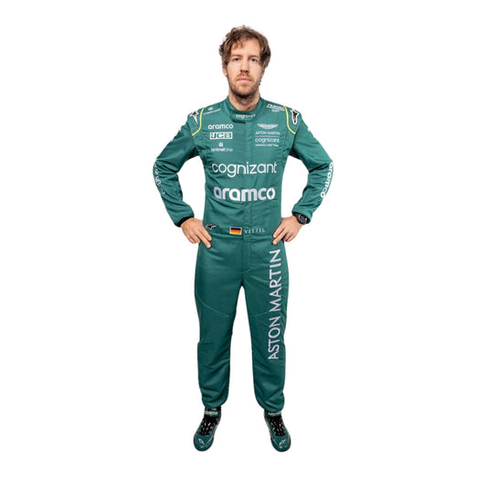 High-resolution image of Sebastian Vettel's 2022 F1 suit laid flat, emphasizing the British racing green and lime color combination and technical fabric texture.