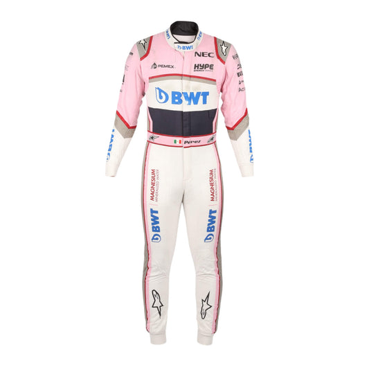 Sergio Perez’s 2018 F1 racing suit, front view, showcasing sponsor logos, high-performance design, and a custom fit for track performance.