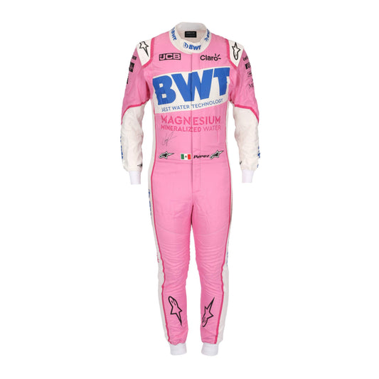 Sergio Perez 2020 Racing Point F1 suit – front view showcasing the distinctive pink and green design