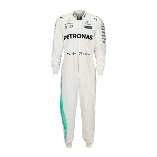 Valtteri Bottas’ 2017 F1 racing suit, front view with detailed embroidery, sponsor logos, and streamlined design