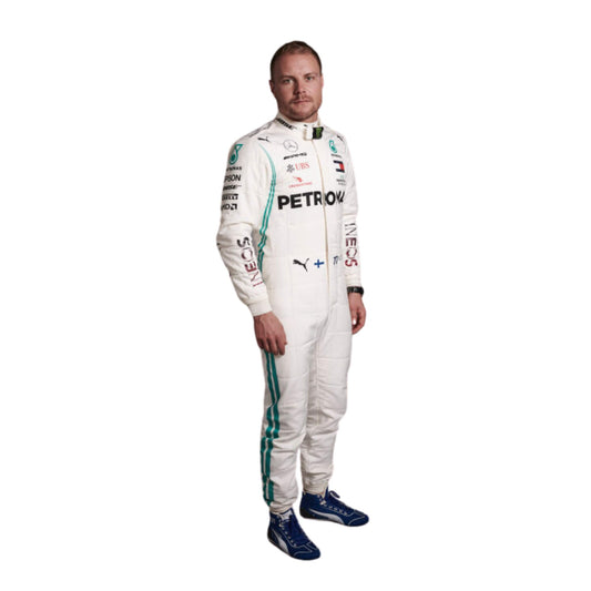 Valtteri Bottas 2019 F1 suit – front view, modern design with clean lines, popular among racing memorabilia collectors.