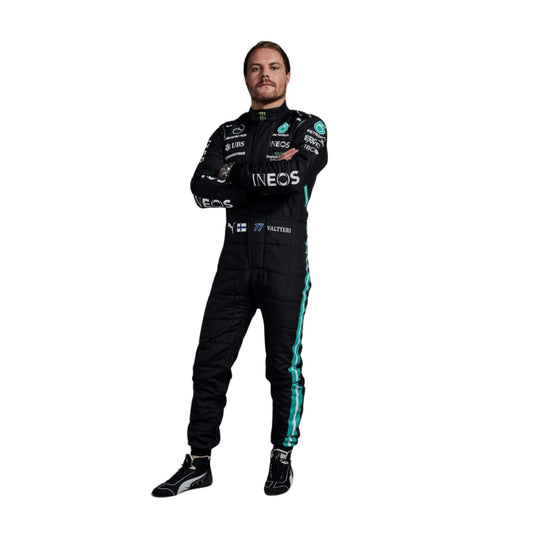 2021 F1 Racing Suit Valtteri Bottas Front View, Black and Silver Design, Full Zipper Closure