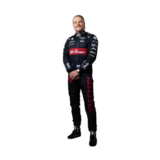Valtteri Bottas' 2023 Japanese Grand Prix F1 racing suit front view featuring a black base with red and white accents on the shoulders and sides, complemented by sponsor logos, showcasing a sleek and modern design.