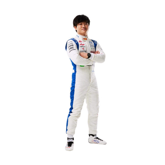 Left Side profile of Yuki Tsunoda's 2024 F1 racing suit, highlighting the blue and white fabric with green stripes along the sides.