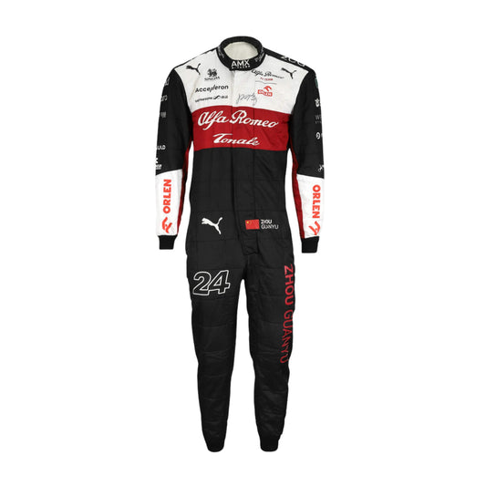 2022 Zhou Guanyu F1 Racing Suit Front View, Sleek Design, Full Zipper, Sponsor Logos