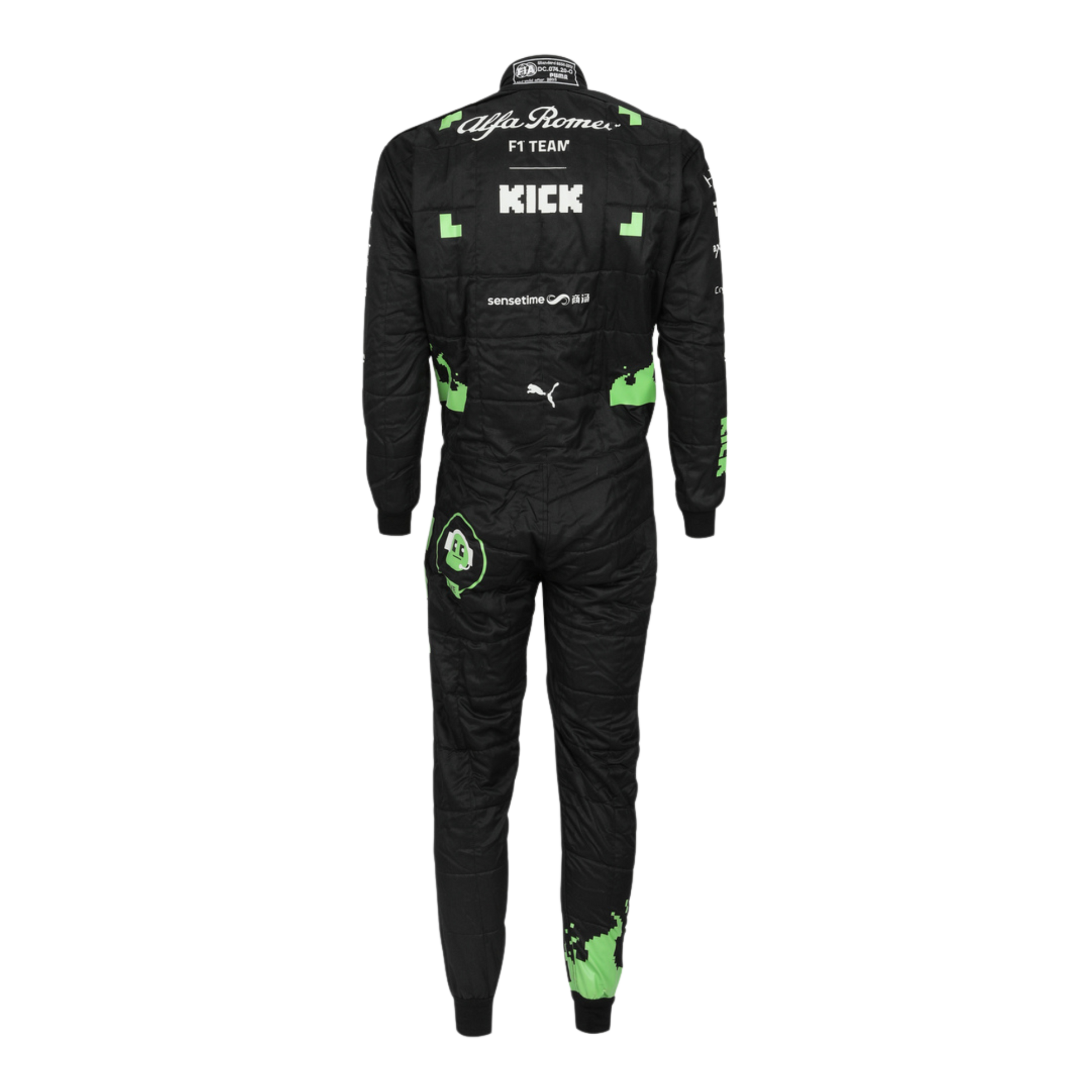 Rear view of Zhou's 2023 Belgian Grand Prix racing suit displaying the continuation of the black, red, and bright green color scheme with prominently placed sponsor logos and aerodynamic paneling.